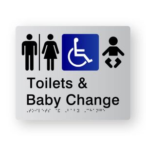 Airlock Toilets & baby change Braille Sign, Tactile printed in Silver Acrylic. Silver Sign panel with Black Male, Airlock & baby Symbol. Blue & White Accessible Symbol. Black Text reads Toilets & baby Change. Black Braille text is shown.