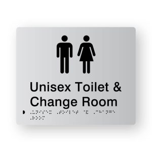 Unisex Toilet & Change Room Braille Sign in Tactile printed Silver Acrylic. Silver Sign panel with Black Male & Female Symbols. Black Text Reads Unisex Toilet & Change Room. Black Braille text is shown