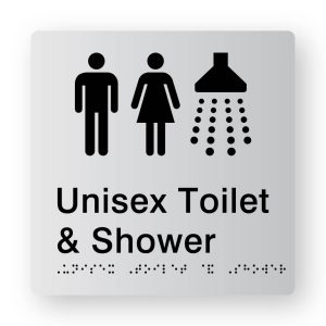 Unisex Toilet & Shower Braille Sign in Tactile printed Silver Acrylic. Silver Sign panel with Black Male, Female & Shower Symbols. Black Text Reads Unisex Toilet & Shower. Black Braille text is shown