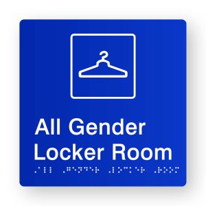 All Gender Locker Room Braille Sign in Tactile printed Blue Acrylic. Blue Sign panel with White Coat Hanger Symbol. White Text reads All Gender Locker Room. White Braille text is shown