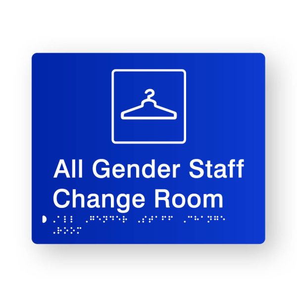 All Gender Staff Change Room Braille Sign in Tactile printed Blue Acrylic All Gender Staff Change Room Braille Sign in Tactile printed Blue Acrylic. Blue Sign panel with White Coat Hanger Symbol. White Text reads All Gender Staff Change Room. White Braille text is shown