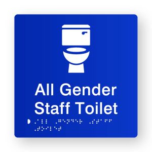 All Gender Staff Toilet Braille Sign in Tactile printed Acrylic. Blue Sign panel with White Toilet Symbol & Text that reads All Gender Staff Toilet. White Braille Text is shown