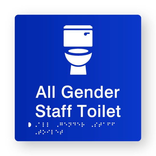 All Gender Staff Toilet Braille Sign in Tactile printed Acrylic All Gender Staff Toilet Braille Sign in Tactile printed Acrylic. Blue Sign panel with White Toilet Symbol & Text that reads All Gender Staff Toilet. White Braille Text is shown