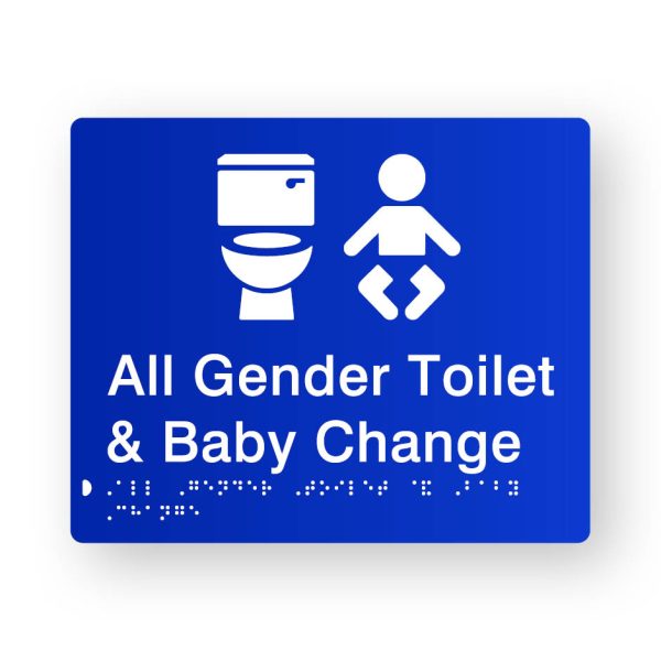 All Gender Toilet & Baby Change Braille Sign in Tactile printed Blue Acrylic All Gender Toilet & Baby Change Braille Sign in Tactile printed Blue Acrylic. Blue Sign panel with White Toilet & Baby Symbol. White Text reads All Gender Toilet & Baby Change. White Braille text is shown