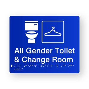 All Gender Toilet & Change Room Braille Sign in Tactile printed Blue Acrylic. Blue Sign panel with White Toilet, Change Room Symbol. White Text reads All Gender Toilet & Change Room. White Braille text is shown