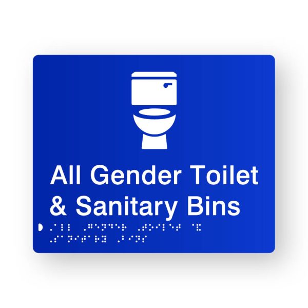All Gender Toilet & Sanitary Bins Braille Sign in Tactile printed Blue Acrylic All Gender Toilet & Sanitary Bins Braille Sign in Tactile printed Blue Acrylic. Blue Sign panel with White Toilet Symbol. White Text reads All Gender Toilet & Sanitary Bins. White Braille text is shown