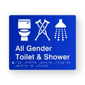 All Gender Ambulant Toilet & Shower Braille Sign in Tactile printed Blue Acrylic. Blue Sign panel with White Toilet, Ambulant & Shower Symbol. White Text reads All Gender Toilet & Shower. White Braille text is shown