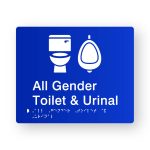 All Gender Toilet & Urinal Braille Sign in Tactile printed Blue Acrylic. Blue Sign panel with White Toilet & Urinal Symbol. White Text reads All Gender Toilet & Urinal. White Braille text is shown