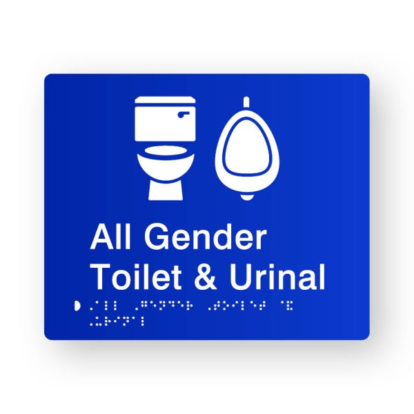 All Gender Toilet & Urinal Braille Sign in Tactile printed Blue Acrylic All Gender Toilet & Urinal Braille Sign in Tactile printed Blue Acrylic. Blue Sign panel with White Toilet & Urinal Symbol. White Text reads All Gender Toilet & Urinal. White Braille text is shown