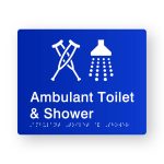 Ambulant Toilet & Shower Braille Sign in Tactile printed Blue Acrylic. Blue Sign panel with White Ambulant & Shower Symbol. White Text reads Ambulant Toilet & Shower. White Braille text is shown