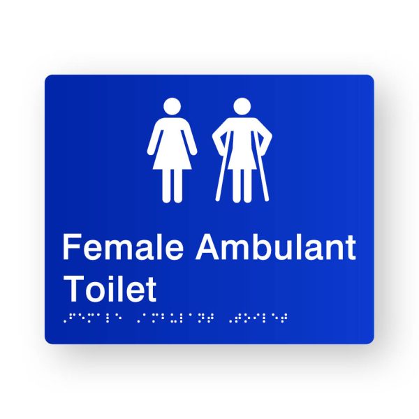 Female Ambulant Toilet Braille Sign in Blue Tactile Printed Acrylic. Blue Sign panel with White Female & Female Ambulant Symbol. White text reads Female Ambulant Toilet. White Braille is shown