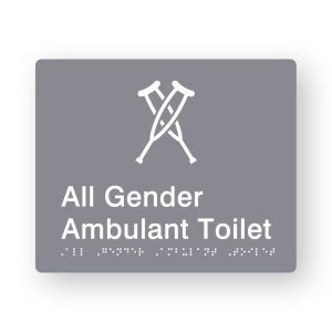 All Gender Ambulant Toilet Braille Sign in Grey Tactile printed Acrylic. Grey Sign panel with white Ambulant Symbol. White Text reads All Gender Ambulant Toilet. White Braille Text is shown