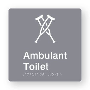 Ambulant Toilet Braille Sign in Grey Tactile printed Acrylic. Grey Sign panel with white Ambulant Symbol. White Text reads Ambulant Toilet. White Braille Text is shown