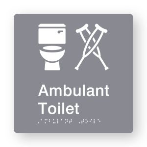 Ambulant Toilet Braille Sign in Grey Tactile printed Acrylic. Grey Sign panel with white Toilet & Ambulant Symbol. White Text reads Ambulant Toilet. White Braille Text is shown