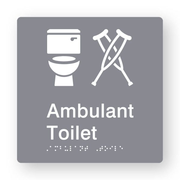 Ambulant Toilet Braille Sign in Grey Tactile printed Acrylic Ambulant Toilet Braille Sign in Grey Tactile printed Acrylic. Grey Sign panel with white Toilet & Ambulant Symbol. White Text reads Ambulant Toilet. White Braille Text is shown