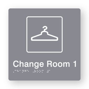 Change Room 1 Braille Sign in Tactile printed Grey Acrylic. Grey Sign panel with White Coat Hanger Symbol & Text that reads Change Room 1. White Braille is shown