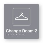 Change Room 2 Braille Sign in Tactile printed Grey Acrylic. Grey Sign panel with White Coat Hanger Symbol & Text that reads Change Room 2. White Braille is shown