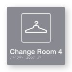 Change Room 4 Braille Sign in Tactile printed Grey Acrylic. Grey Sign panel with White Coat Hanger Symbol & Text that reads Change Room 4. White Braille is shown