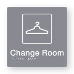 Change Room Braille Sign in Tactile printed Grey Acrylic. Grey Sign panel with White Coat Hanger Symbol & Text that reads Change Room. White Braille is shown