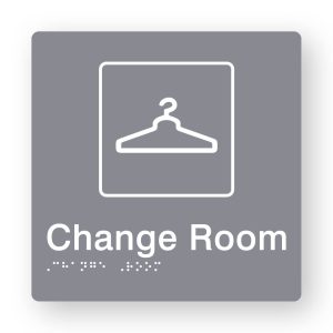 Change Room Braille Sign in Tactile printed Grey Acrylic. Grey Sign panel with White Coat Hanger Symbol & Text that reads Change Room. White Braille is shown