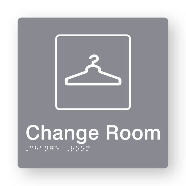 Change Room Braille Sign in Tactile printed Grey Acrylic. Grey Sign panel with White Coat Hanger Symbol & Text that reads Change Room. White Braille is shown