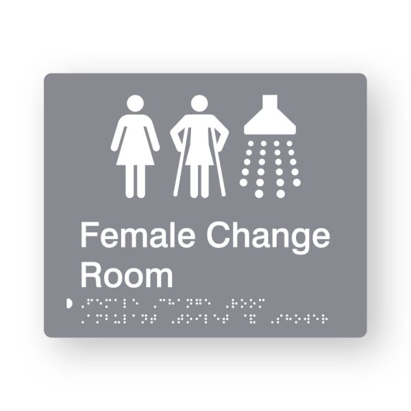 Female Change Room Braille Sign in Grey Tactile printed Acrylic Female Change Room Braille Sign in Grey Tactile printed Acrylic. Grey Sign panel with white Female, Female Ambulant & Shower Symbols. White Text reads Female Change Room. White Braille Text is shown