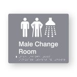 Male Change Room Braille Sign in Grey Tactile printed Acrylic. Grey Sign panel with white Male, Male Ambulant & Shower Symbols. White Text reads Male Change Room. White Braille Text is shown