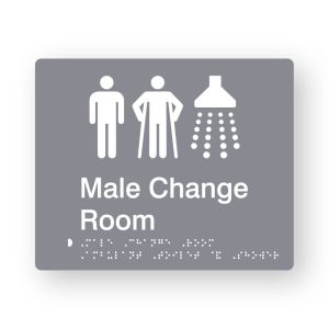 Male Change Room Braille Sign in Grey Tactile printed Acrylic. Grey Sign panel with white Male, Male Ambulant & Shower Symbols. White Text reads Male Change Room. White Braille Text is shown