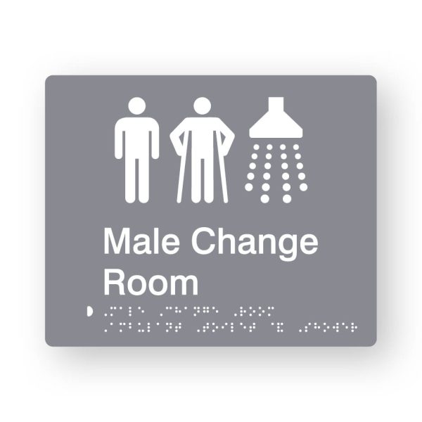 Male Change Room Braille Sign in Grey Tactile printed Acrylic Male Change Room Braille Sign in Grey Tactile printed Acrylic. Grey Sign panel with white Male, Male Ambulant & Shower Symbols. White Text reads Male Change Room. White Braille Text is shown