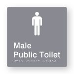 Male Public Toilet Braille Sign in Tactile printed Grey Acrylic. Grey Sign panel with White Male Symbol. White text reads Male Public Toilet. White Braille is shown