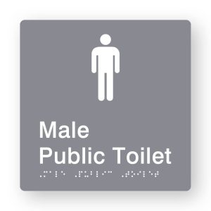 Male Public Toilet Braille Sign in Tactile printed Grey Acrylic. Grey Sign panel with White Male Symbol. White text reads Male Public Toilet. White Braille is shown