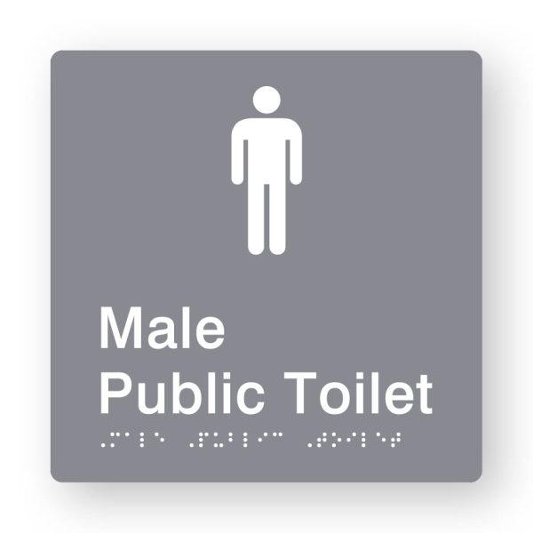 Male Public Toilet Braille Sign in Tactile printed Grey Acrylic Male Public Toilet Braille Sign in Tactile printed Grey Acrylic. Grey Sign panel with White Male Symbol. White text reads Male Public Toilet. White Braille is shown
