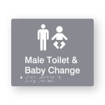 Male Toilet & Baby Change Braille Sign in Grey Tactile printed Acrylic. Grey Sign panel with white Male & Baby Symbols. White Text reads Male Toilet & Baby Change. White Braille Text is shown
