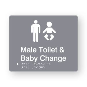 Male Toilet & Baby Change Braille Sign in Grey Tactile printed Acrylic. Grey Sign panel with white Male & Baby Symbols. White Text reads Male Toilet & Baby Change. White Braille Text is shown