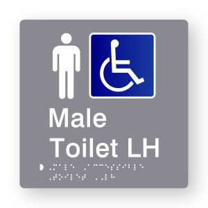 Male Accessible Toilet LH Braille Sign in Tactile printed Grey Acrylic. grey Sign panel with white Male Symbol & Blue & White Accessible Symbol. White Text reads Male Toilet LH. White Braille Text is shown