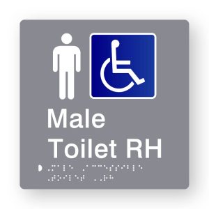 Male Accessible Toilet RH Braille Sign in Tactile printed Grey Acrylic. grey Sign panel with white Male Symbol & Blue & White Accessible Symbol. White Text reads Male Toilet RH. White Braille Text is shown