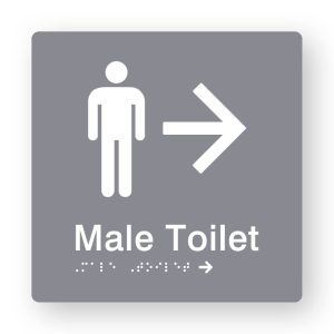 Male Toilet Braille Sign with Right Arrow in Tactile printed Grey Acrylic. Grey Sign panel with White Male Symbol & Right Arrow. White text reads Male Toilet. White Braille is shown