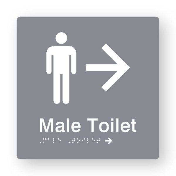 Male Toilet Braille Sign with Right Arrow in Tactile printed Grey Acrylic. Grey Sign panel with White Male Symbol & Right Arrow. White text reads Male Toilet. White Braille is shown