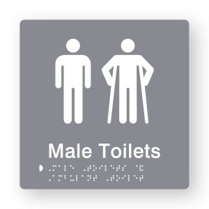 Male Toilets Braille Sign in Grey Tactile printed Acrylic. Grey Sign panel with white Male & Male Ambulant Symbols. White Text reads Male Toilets. White Braille Text is shown