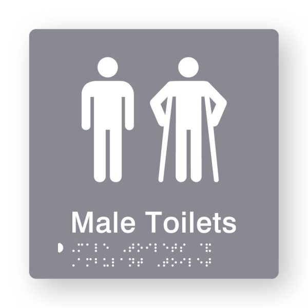 Male Toilets Braille Sign in Grey Tactile printed Acrylic Male Toilets Braille Sign in Grey Tactile printed Acrylic. Grey Sign panel with white Male & Male Ambulant Symbols. White Text reads Male Toilets. White Braille Text is shown