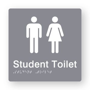 Student Toilet Braille Sign in Tactile printed Grey Acrylic. Grey Sign panel with White Male & female Symbol. White text reads Student Toilet. White Braille is shown