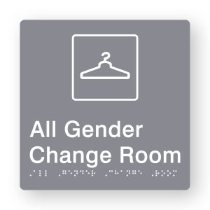 All Gender Change Room Braille Sign in Tactile printed Grey Acrylic. Grey Sign panel with White Coat Hanger Symbol & Text that reads All Gender Change Room. White Braille is shown
