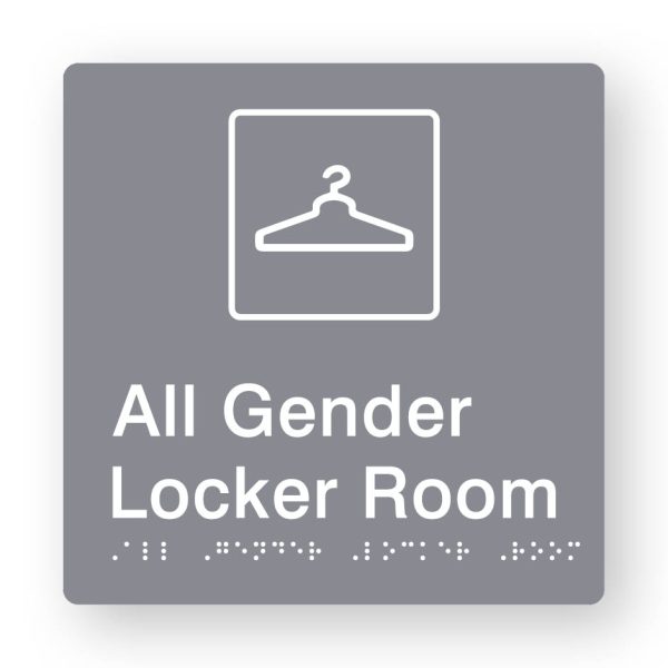 All Gender Locker Room Braille Sign in Tactile printed Grey Acrylic All Gender Locker Room Braille Sign in Tactile printed Grey Acrylic. Grey Sign panel with White Coat Hanger Symbol & Text that reads All Gender Locker Room. White Braille is shown