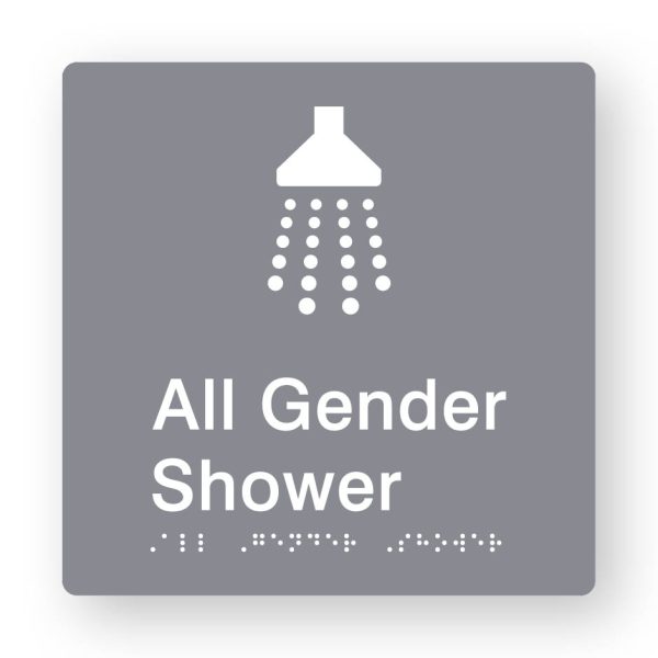 All Gender Shower Braille Sign in Tactile printed Grey Acrylic All Gender Shower Braille Sign in Tactile printed Grey Acrylic. Grey Sign panel with White Shower Symbol & Text that reads All Gender Shower. White Braille is shown