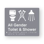 All Gender Toilet & Shower Braille Sign in Grey Tactile printed Acrylic. Grey Sign panel with white Toilet, Ambulant & Shower Symbol. White Text reads All Gender Toilet & Shower. White Braille Text is shown