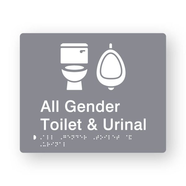 All Gender Toilet & Urinal Braille Sign in Grey Tactile printed Acrylic All Gender Toilet & Urinal Braille Sign in Grey Tactile printed Acrylic. Grey Sign panel with white Toilet & Urinal Symbol. White Text reads All Gender Toilet & Urinal. White Braille Text is shown