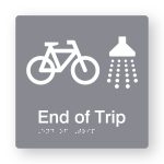 End of Trip Braille Sign in Tactile printed Grey Acrylic. Grey Sign panel with White Bike & Shower Symbol. White Text reads End of Trip. White Braille Text is shown
