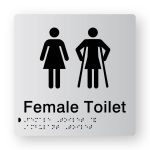 Female Toilet with Male Ambulant Symbol Braille Sign in Tactile Printed Silver Acrylic. Silver Sign panel with Black Female Symbol. Black text reads Female Toilet. Black Braille Text is shown