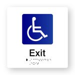 Accessible Exit Tactile printed White Acrylic Braille Sign. White Sign panel with Blue & White Accessible Symbol. Black Text reads Exit. Black Braille Text is shown