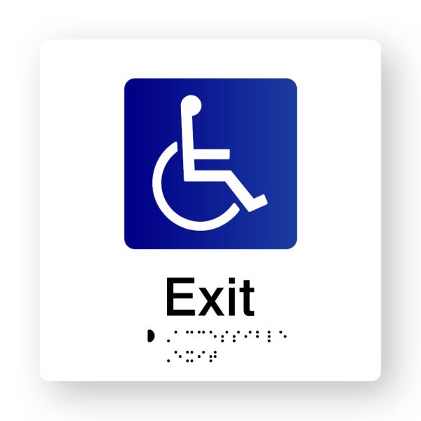 Accessible Exit Tactile printed White Acrylic Braille Sign. White Sign panel with Blue & White Accessible Symbol. Black Text reads Exit. Black Braille Text is shown